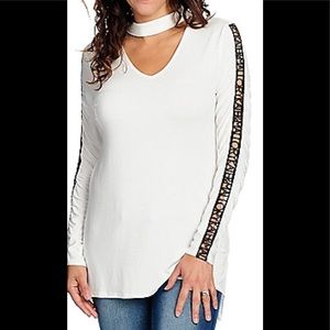 Kate & Mallory® Knit Long Sleeve Mock Neck Keyhole Embroidered Top